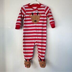 Carter's Baby 6M Red & Gray Striped Fleece Footie Cute Reindeer Feet Holiday